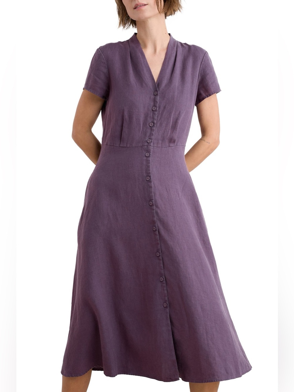 Seasalt Cornwall Carved Wood Linen Midi Dress Purple Short Sleeve V Neck Pockets